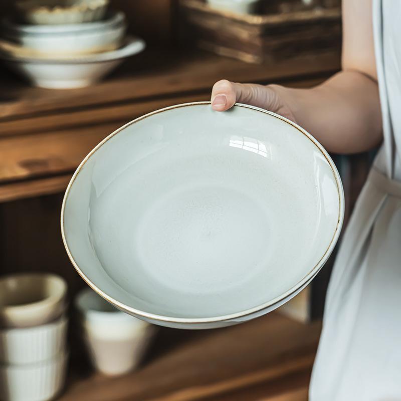 Retro Style Simple Stroke Light Bowl Solid Color Ceramic Bowl Household Tableware Bowl Dish Dish Dessert Bowl Salad Bowl