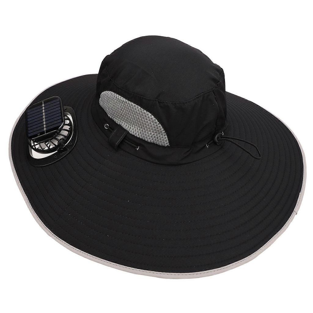 Sun Hat Wide Brim Breathable Sun Proof Fisherman Hat with 2 Solar Fans 3 Speed Adjustable Windproof Belt for Men Black