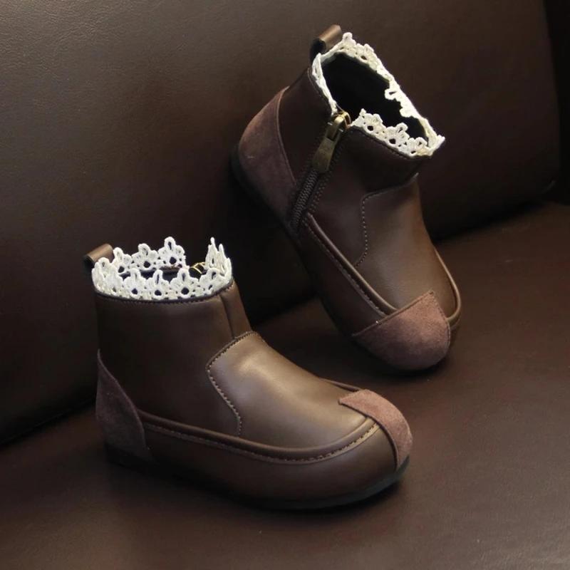 Осенние ботинки для девочек, теплые, модные, со шнуровкой, простые детские туфли, стильные, универсальные, зимние ботинки, классические, ботильоны, удобные, короткие ботинки