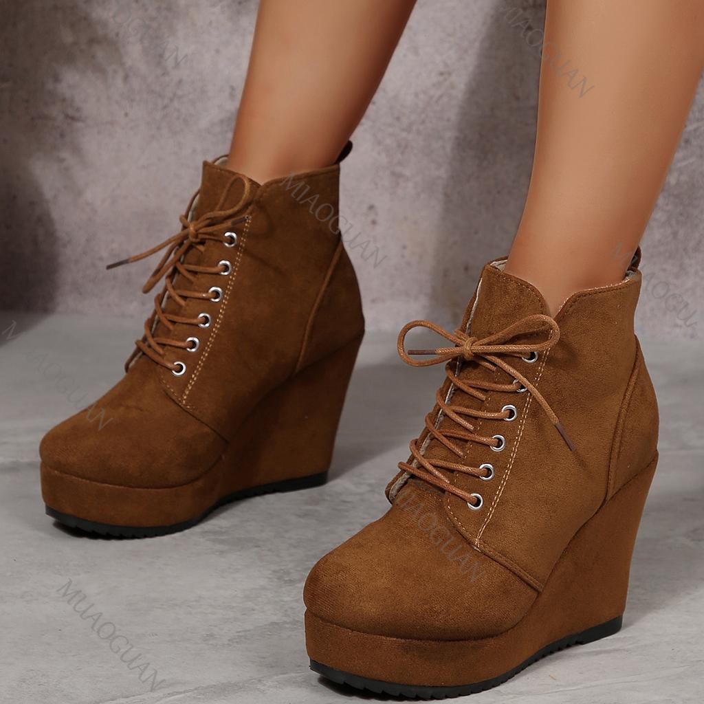 Wedges High Heels Ankle Boots for Women Retro Suede Lace Up Women's Autumn Shoes Casual Solid Platform Fashion Gladiator Botas