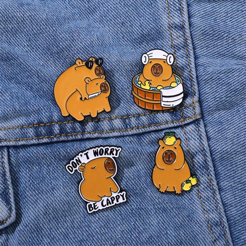 4PCS Cartoon Capybara Enamel Badges Cute Alloy Metal Pins Lapel Brooches For Backpack Clothing Hat Decorate Jewelry Accessories
