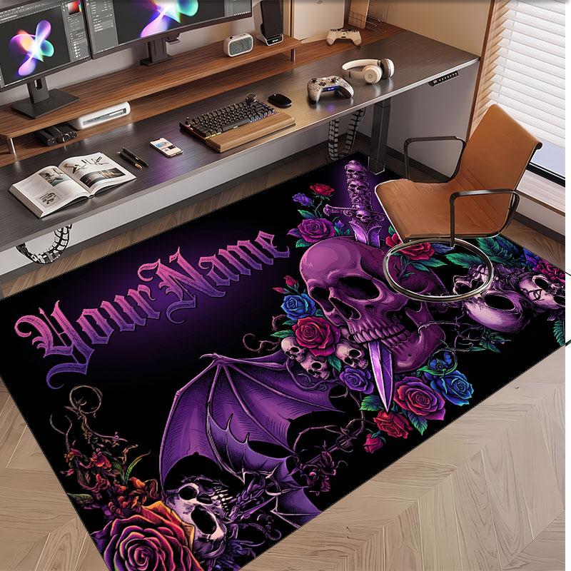 Skull Gothic Theme Soft Crystal Velvet Rug Custom Name & Text Print Non Slip Floor Rug for Bedroom Living Room