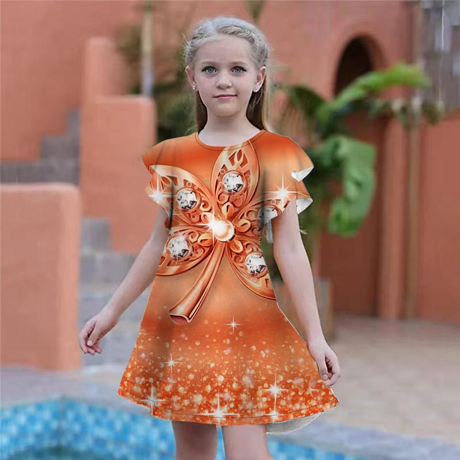 Girls Pearl Maple Leaf Print Dresses Kids Girl Party Dress Loose Fitting Loose Fitting Short Sleeved Skirt For Girls Over Four Years Old