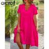 Женская мода лето весна свежие и милые однотонные принты с коротким рукавом V-образным вырезом большие свободные повседневные платья
