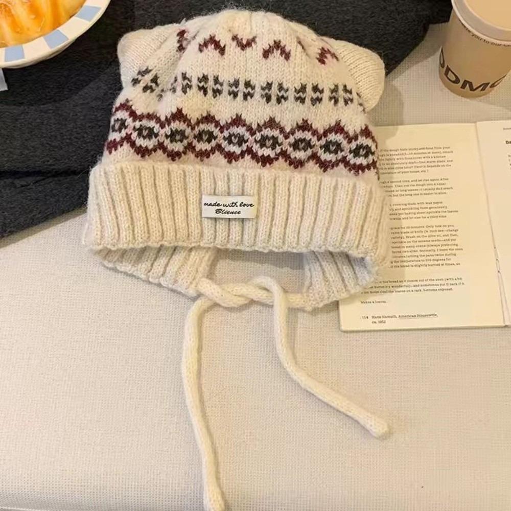 Вязаная шапка с ушками кошки в стиле Fair Isle Геометрический жаккард Пушистая вязаная шапка Утепленная бини Для отдыха и путешествий