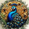 Wooden Diwali Decor Wooden Ornament - Blue Peacock Pattern Gold Background -2D Flat Products-for Door,  Farmhouse, Street, Shop, Garage, Bar,