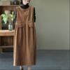 Women's Round Neck Sleeveless Corduroy Pockets Shrunken Pleats Split A Hem Mid-Length Dress
