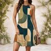 Women Plus Size High Round Neck Sleeveless Black Floral Printed Gathered Waist Flared Tank Dress