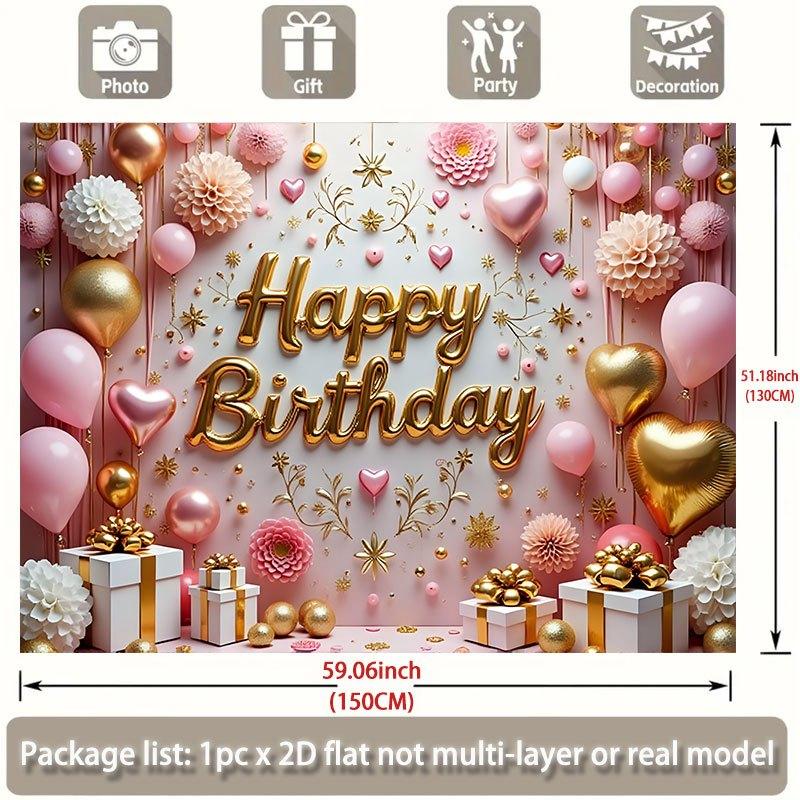 Birthday Party Backdrop Floral Gold Pink Polyester Banner Photo Booth Decoration