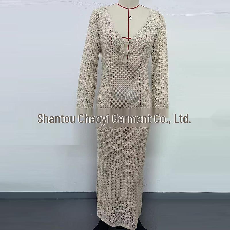 European-American V-Neck Hollow Texture Long-Sleeve Beach Dress
