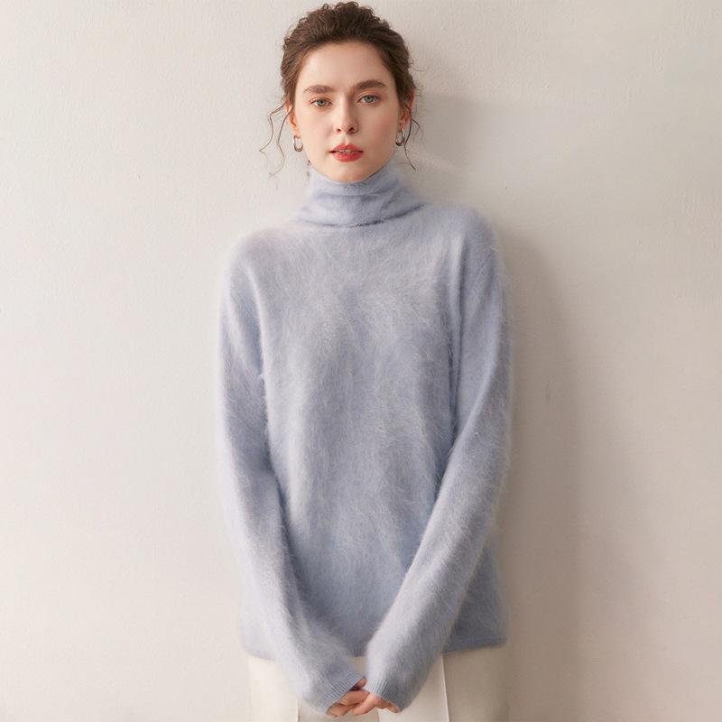 Women's 100% Pure Cashmere High Neck Sweater - Autumn/Winter Loose Knit, Warm Brushed Long Sleeve Design