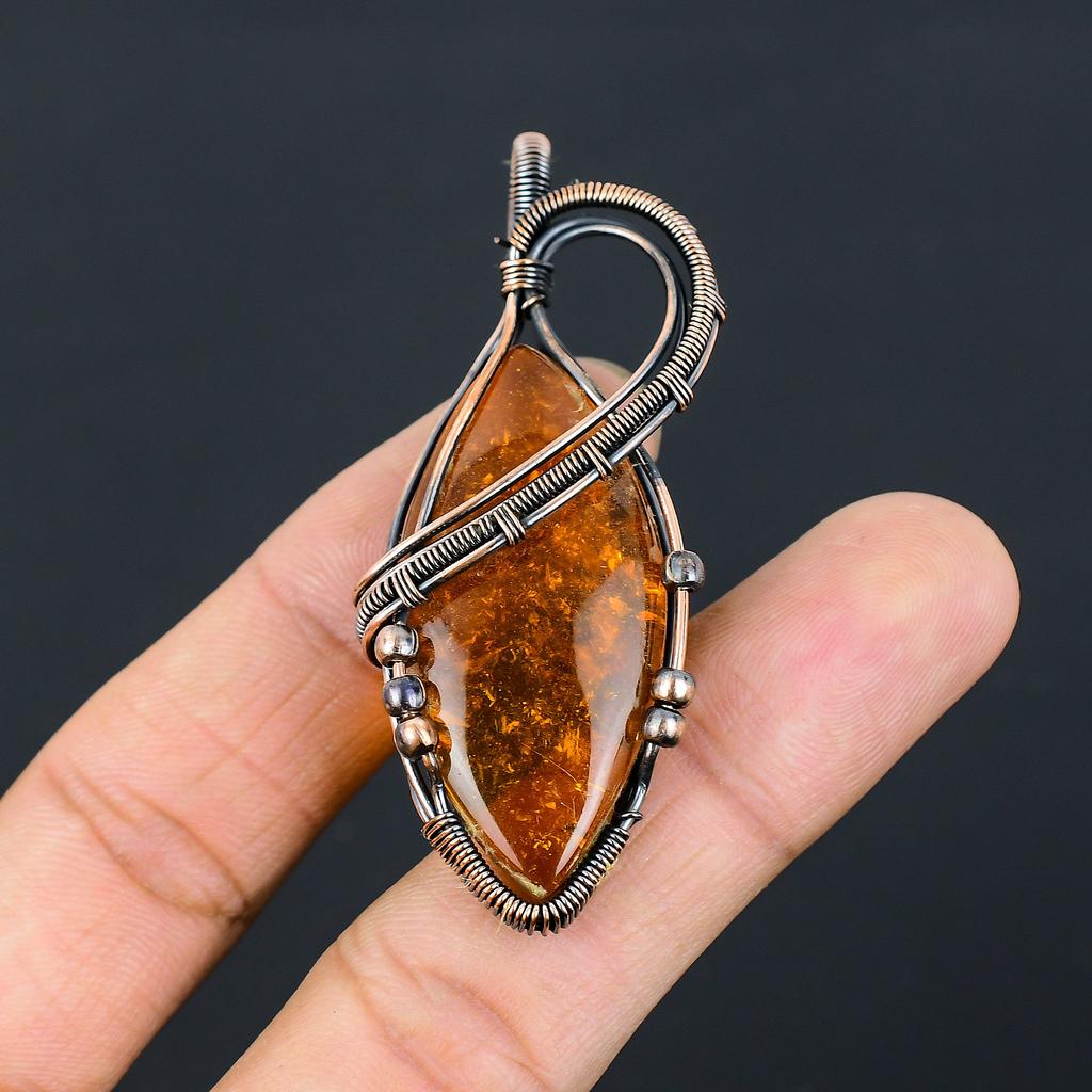 Подвеска ручной работы из медной проволоки из натурального балтийского янтаря, длина 2,76 дюйма, O3E20