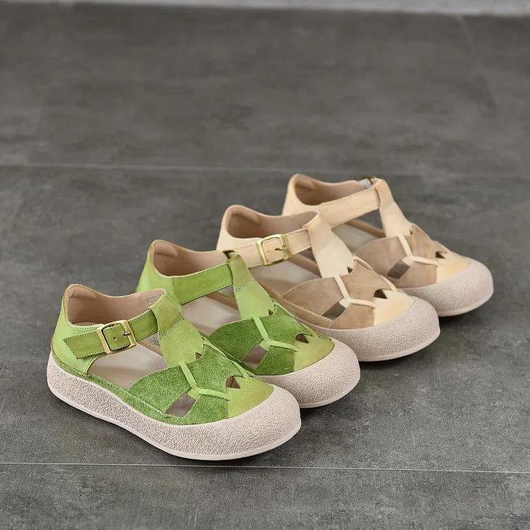 Johnature Round Toe Hollow-out Flat Sandals Genuine Leather Breathable And Comfortable Women's Shoes