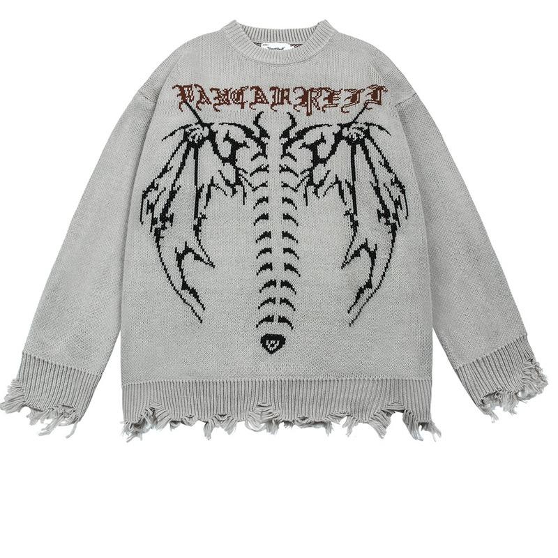 Готический женский рваный свитер с длинными рукавами в стиле хип-хоп, уличная одежда с принтом, панк, японский стиль, зимний женский вязаный свитер большого размера с круглым вырезом в стиле гранж