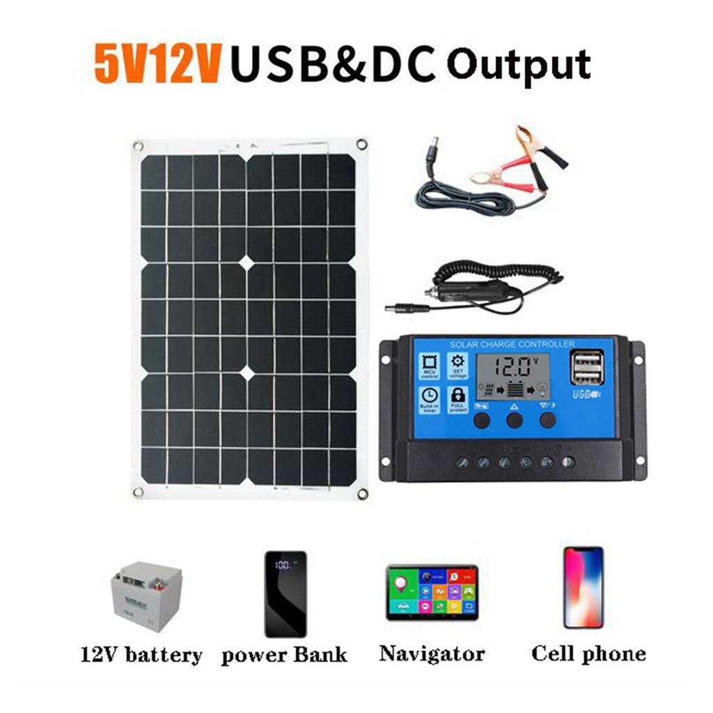Solar Panel System 18V 20W Solar Panel 30A Charge Controller with Dual USB Car Solar Inverter Kit