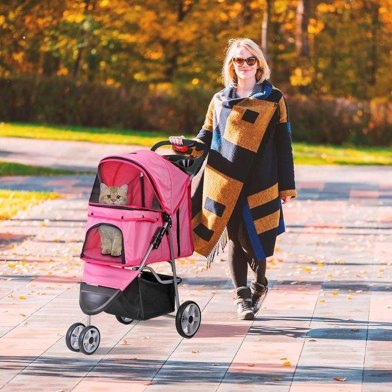 Pet Stroller, Cat/Dog Stroller with 3 Wheel, Strolling Cart, Travel Carrier with Storage Basket + Cup Holder (Pink)