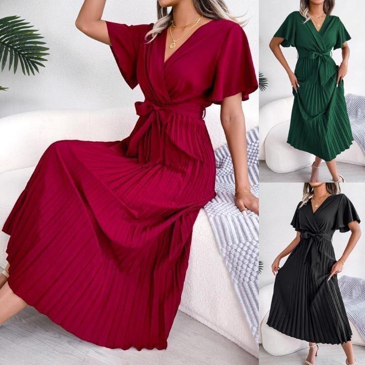 Casual Dresses - Elegant Summer Maxi Dress V Neck Short Sleeve Solid Color Pleated Long Dress Women Fashion Spring Summer Sizes S XL