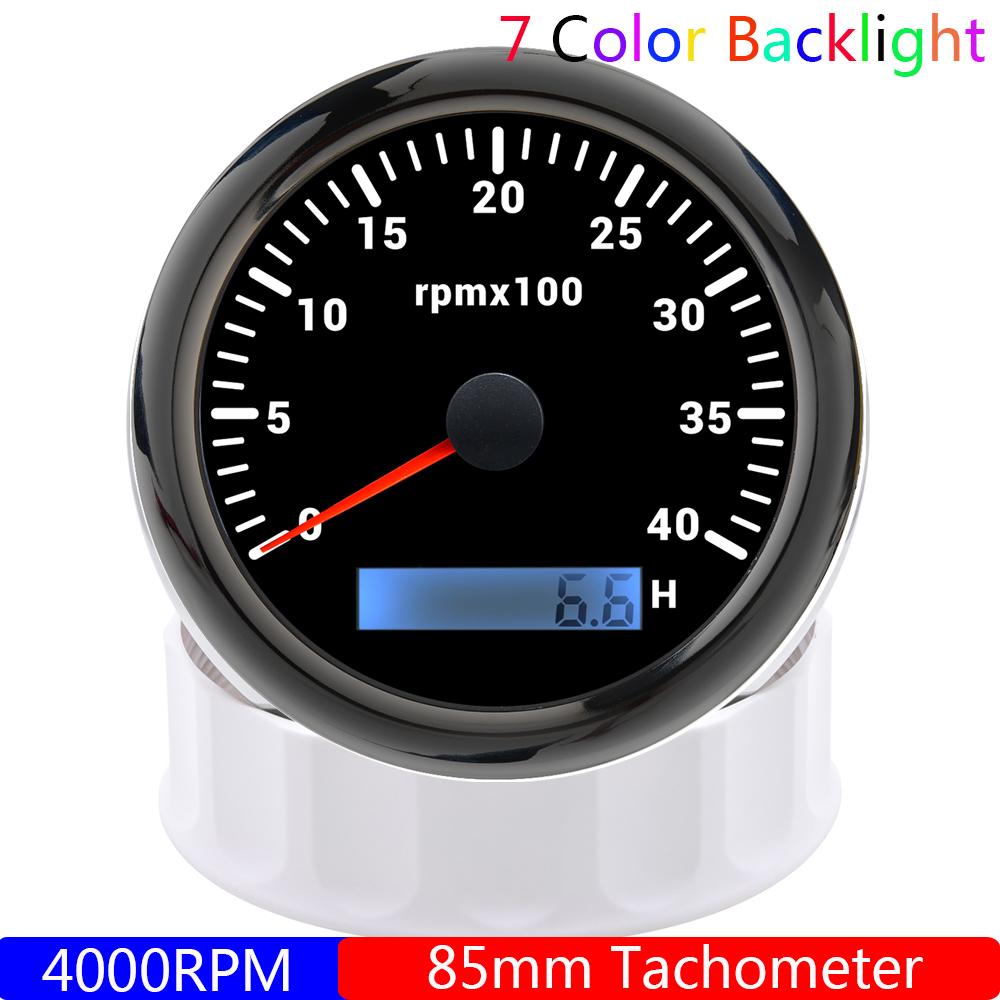 85MM Diesel Engine Tachometer 3000/4000/6000/8000 RPM Gauge REV Counter with Digital Hourmeter 7 Color Backlight 12V 24V