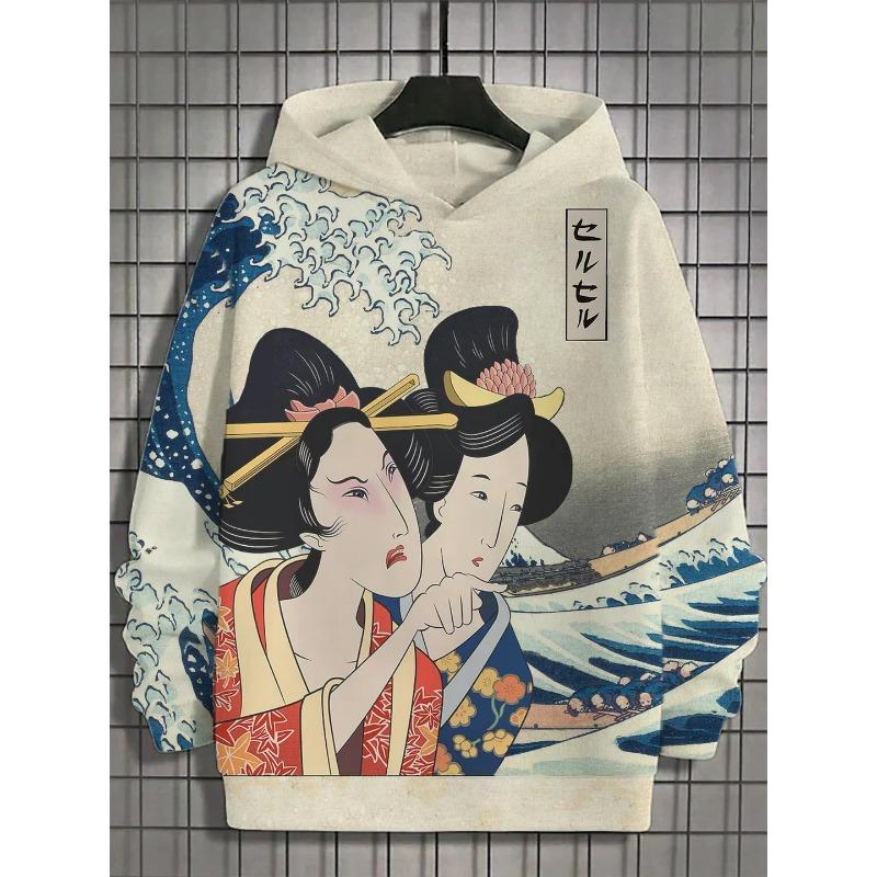 Interesting Design Ukiyoe Harajuku Fashion Men's Hoodie Casual Y2k Hoodie Men's Autumn and Winter Wave Pattern Sports Hoodie