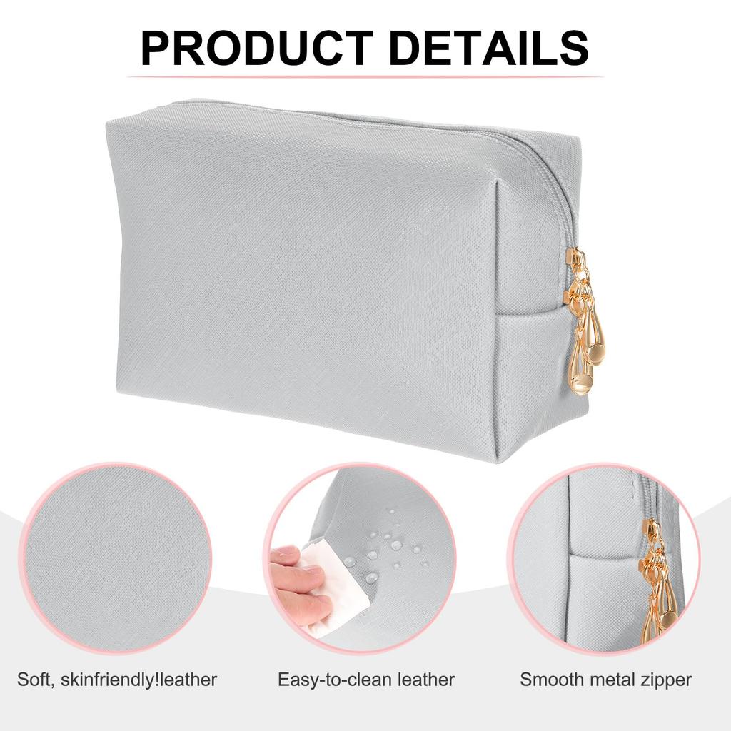 Uxcell PU Leather Square Makeup Waterproof Cosmetic Organizer Bag with Makeup Brush Holder for Women Pouch, Zipper, (Silver, Small)