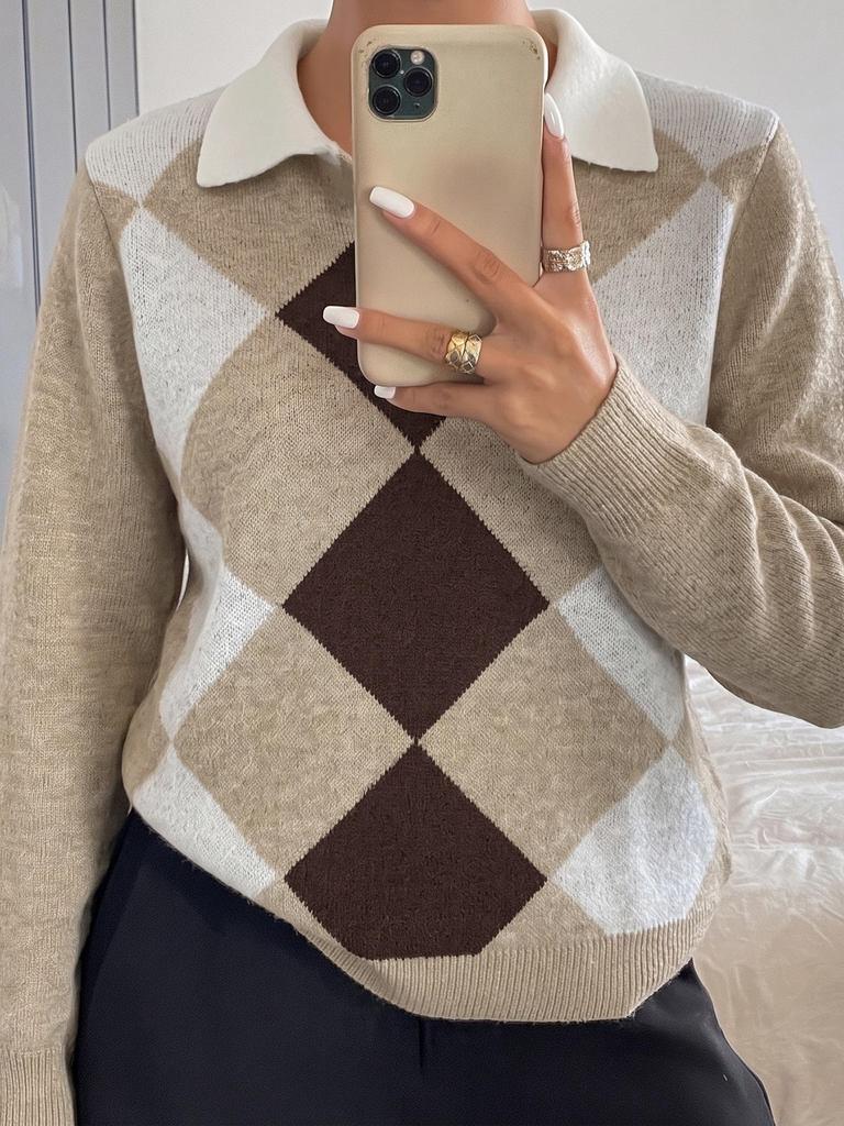 European & American Autumn Neutral Style Casual Diamond Jacquard Lapel Sweater for Women