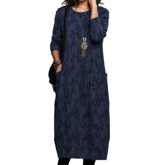 Женское весенне-осеннее платье миди с круглым вырезом и длинными рукавами, карманами, дизайнерским принтом, свободное элегантное платье, уличная одежда