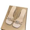 Thick Medium Heel Open Toe Word with Pearl Rhinestone Cool Slippers Women's Wear 2025 Summer Transparent High Heels Sandals
