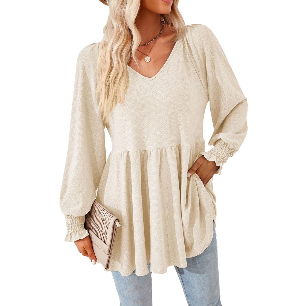 Осенне-зимний топ для женщин, однотонная лоскутная свободная футболка с v-образным вырезом и жаккардовым длинным рукавом