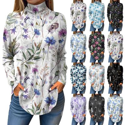 Женская свободная футболка с высоким воротом и длинными рукавами с цветочным принтом в стиле ретро, топ-пуловер