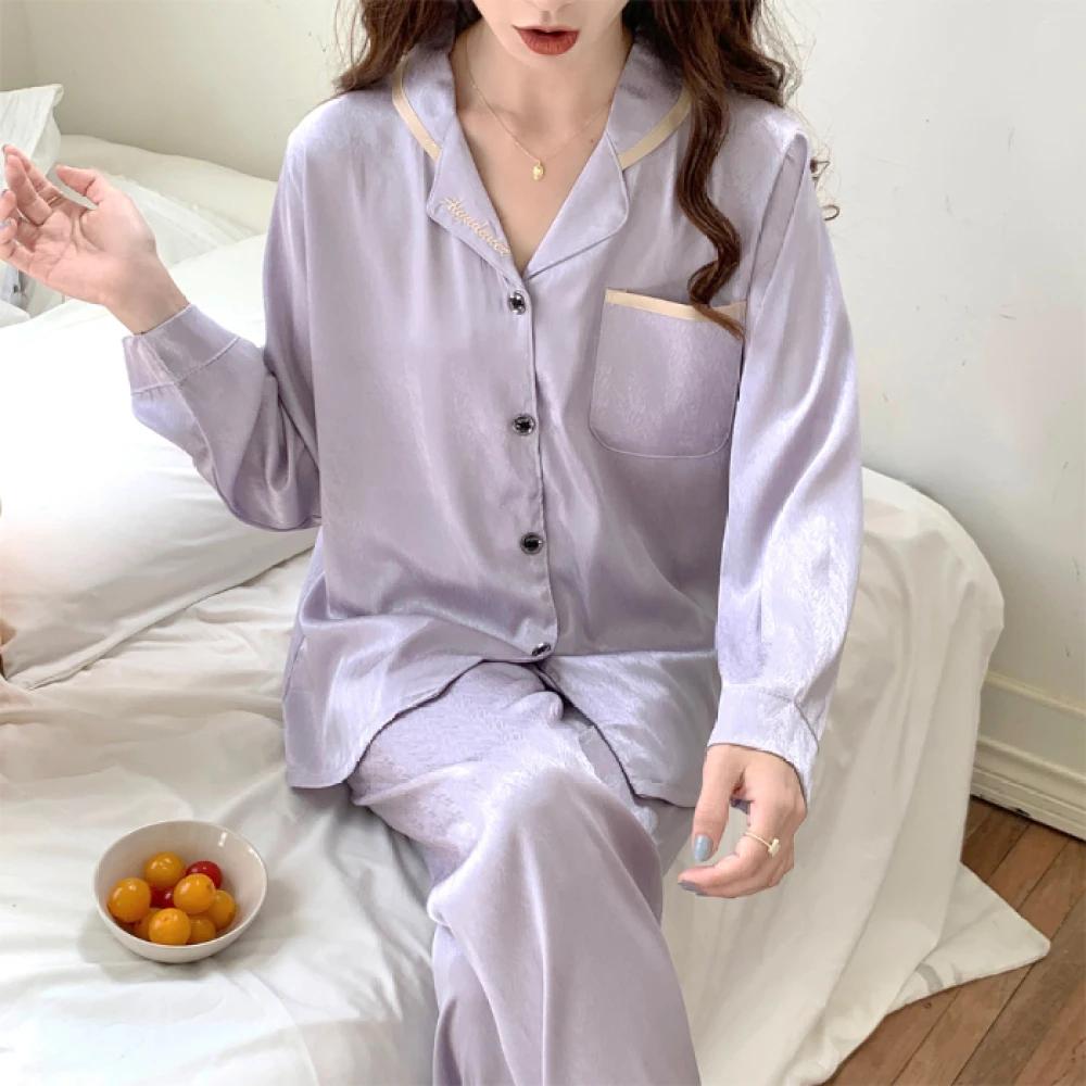 Жаккардовая женская пижама из шелка Ice Silk, комплект из двух предметов, брюки с длинным рукавом, классическая элегантная женская домашняя одежда