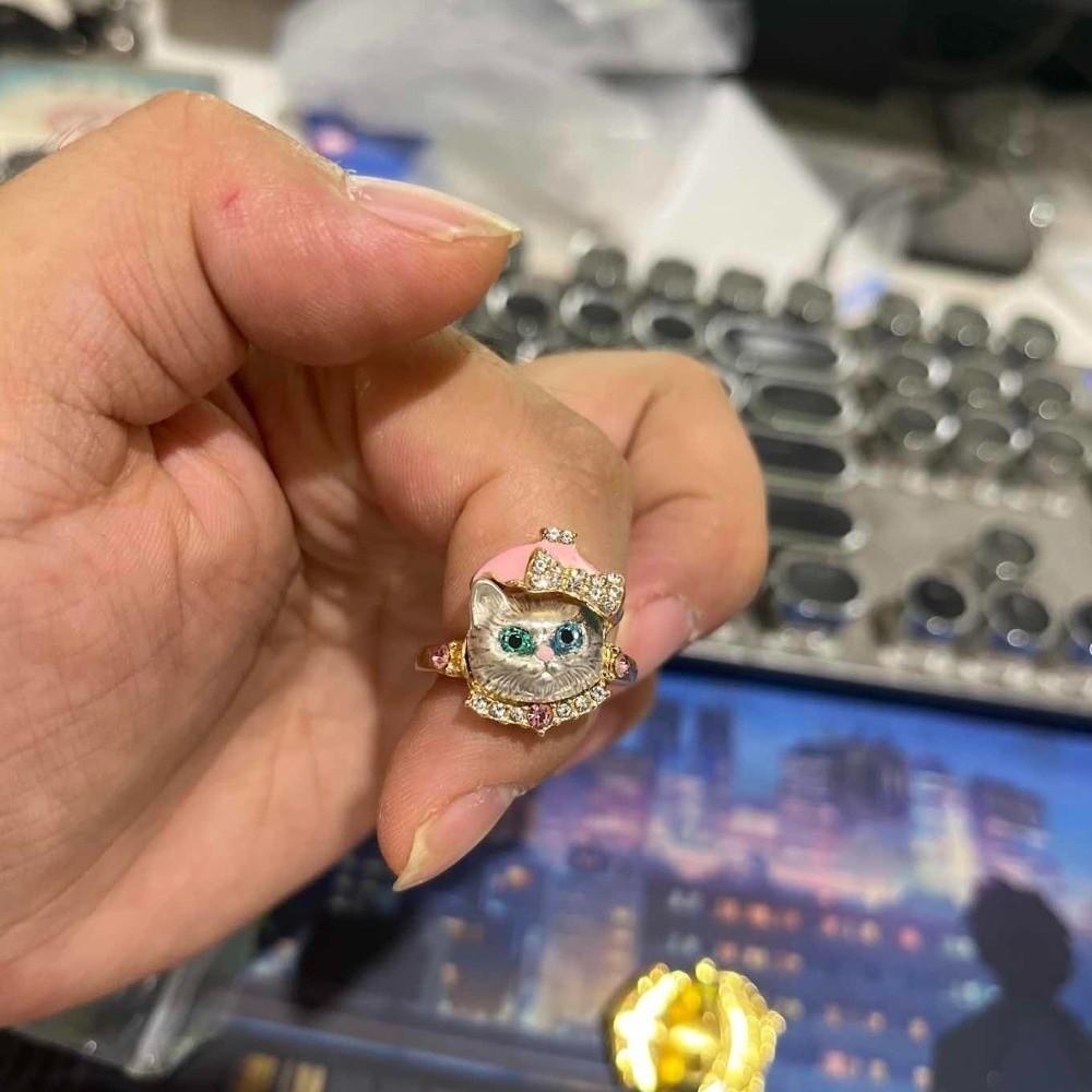 Adjustable Dog Head Ring Rhinestone Animal Ring Irregular Opening Ring for Cat Dog Lovers