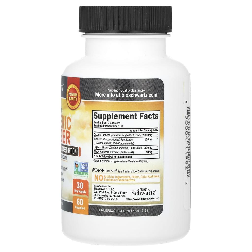 Ultra Pure Turmeric + Ginger + Bioperine Enhanced Absorption, 60 Capsules