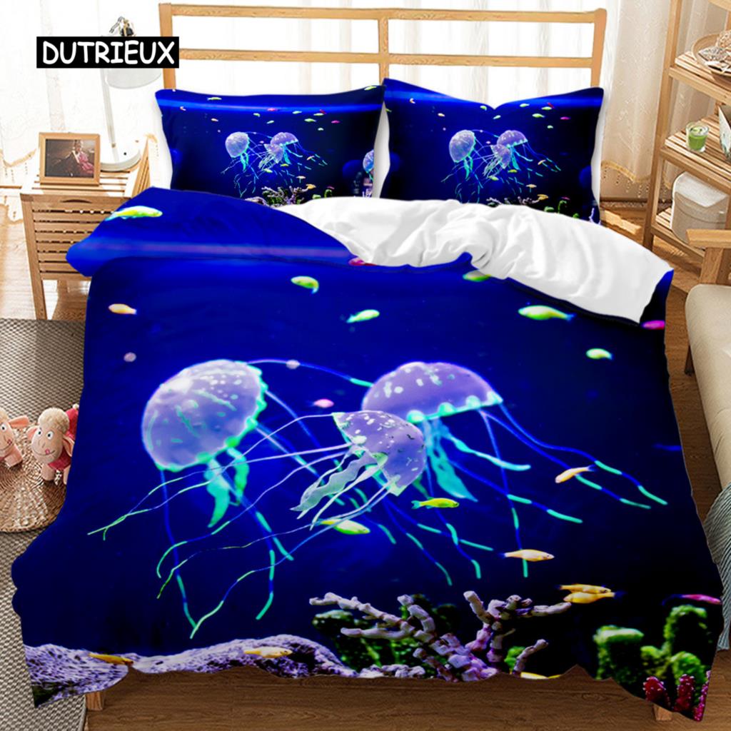 Комплект пододеяльников с изображением медузы, пододеяльник с принтом медузы для подростков, детское покрывало с океанской тематикой, полиэстеровое одеяло с морским коралловым принтом