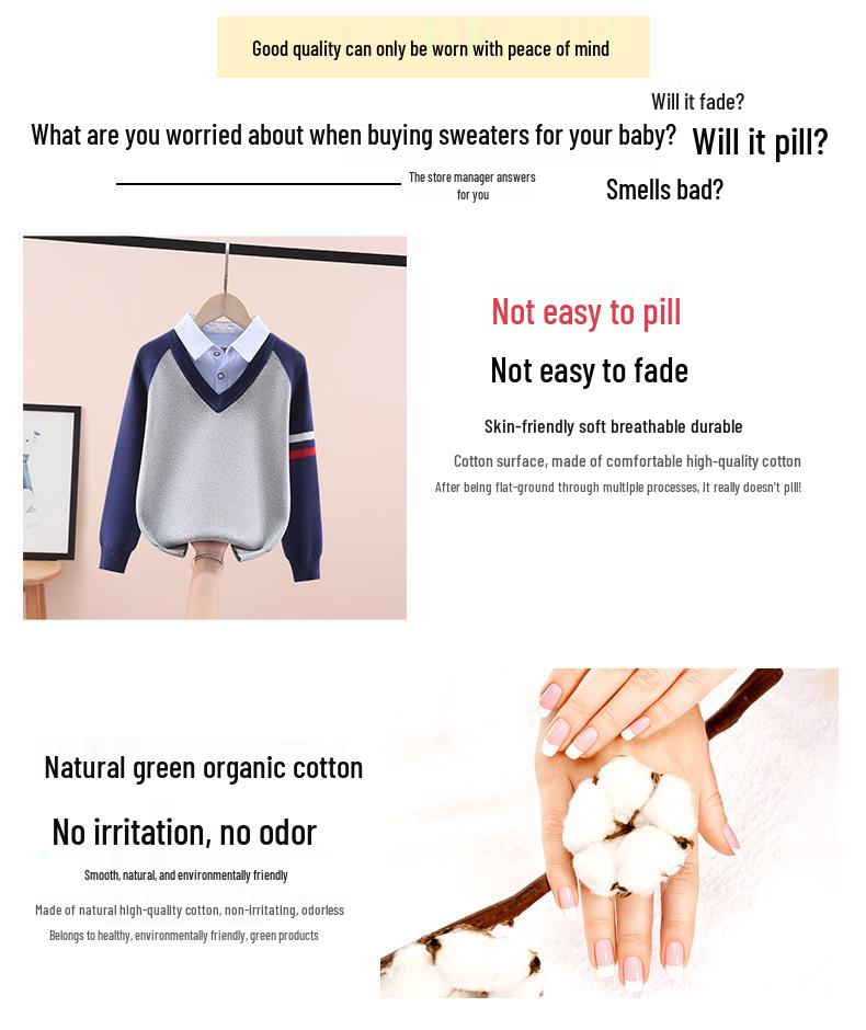 Вязаный свитер для мальчиков на флисовой подкладке: Плотный, Дизайн «Двойка» для Весны/Осени/Зимы