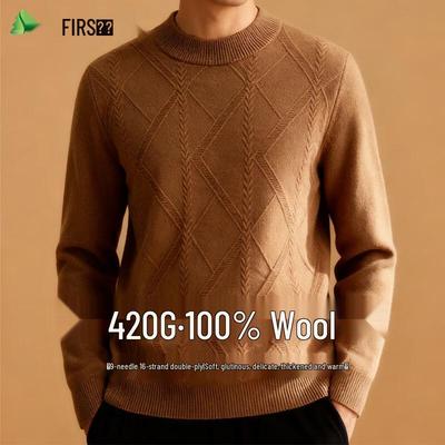 FIRS Мужской утолщенный пуловер с круглым вырезом из 100% шерсти