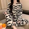 Thickened Warm Set for Women Coral Velvet Student Long Sleeve Blue Striped Nightwear Homewear Cartoon Cute