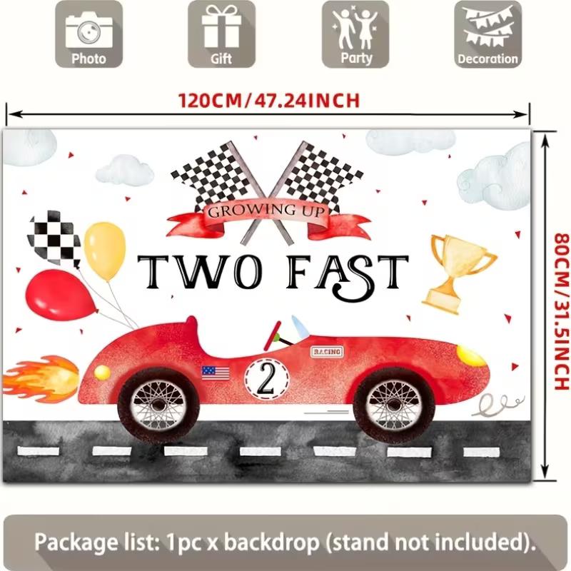 2D Two Fast Birthday Backdrop, Vintage Race Car and Checkered Flag Photography Background