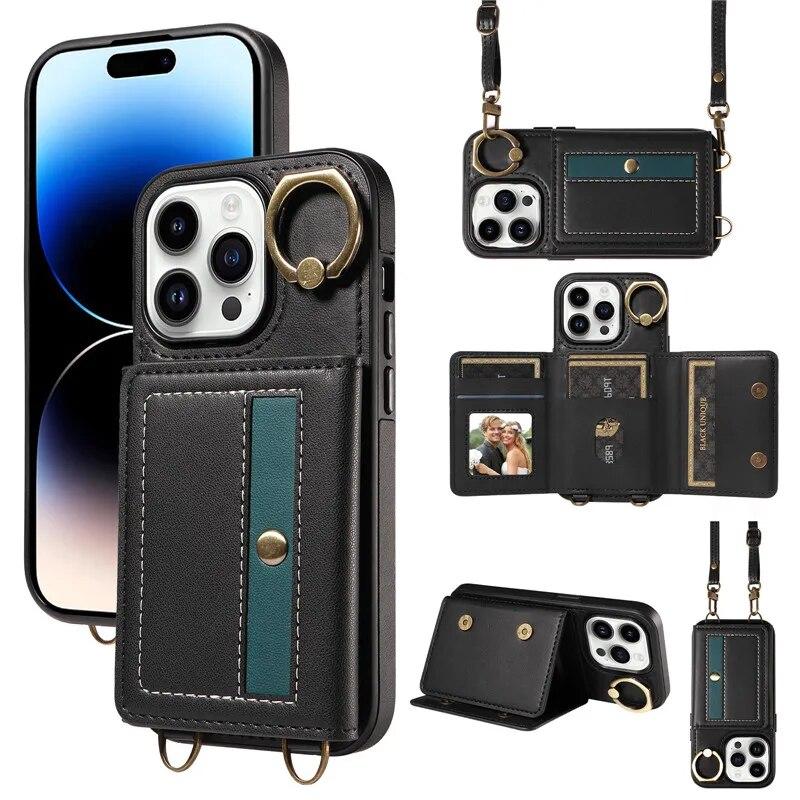 Кожаный чехол-кошелек с ремешком с кольцом для iPhone 15 Pro Max 14 Plus 13 Pro 12 Samsung Galaxy S24 Ultra S23 S22 21 FE A25 A15 A54 A34 A14, раскладной чехол для телефона