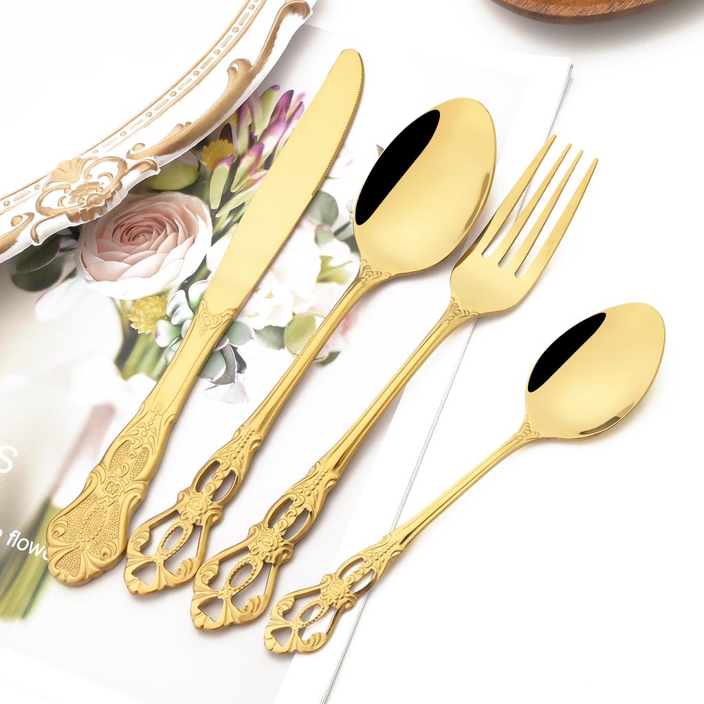 24pcs Gold Cutlery Set Royal Dinnerware Stainless Steel Silverware Spoon Fork Knife Kitchen Silverware Set Western Tableware
