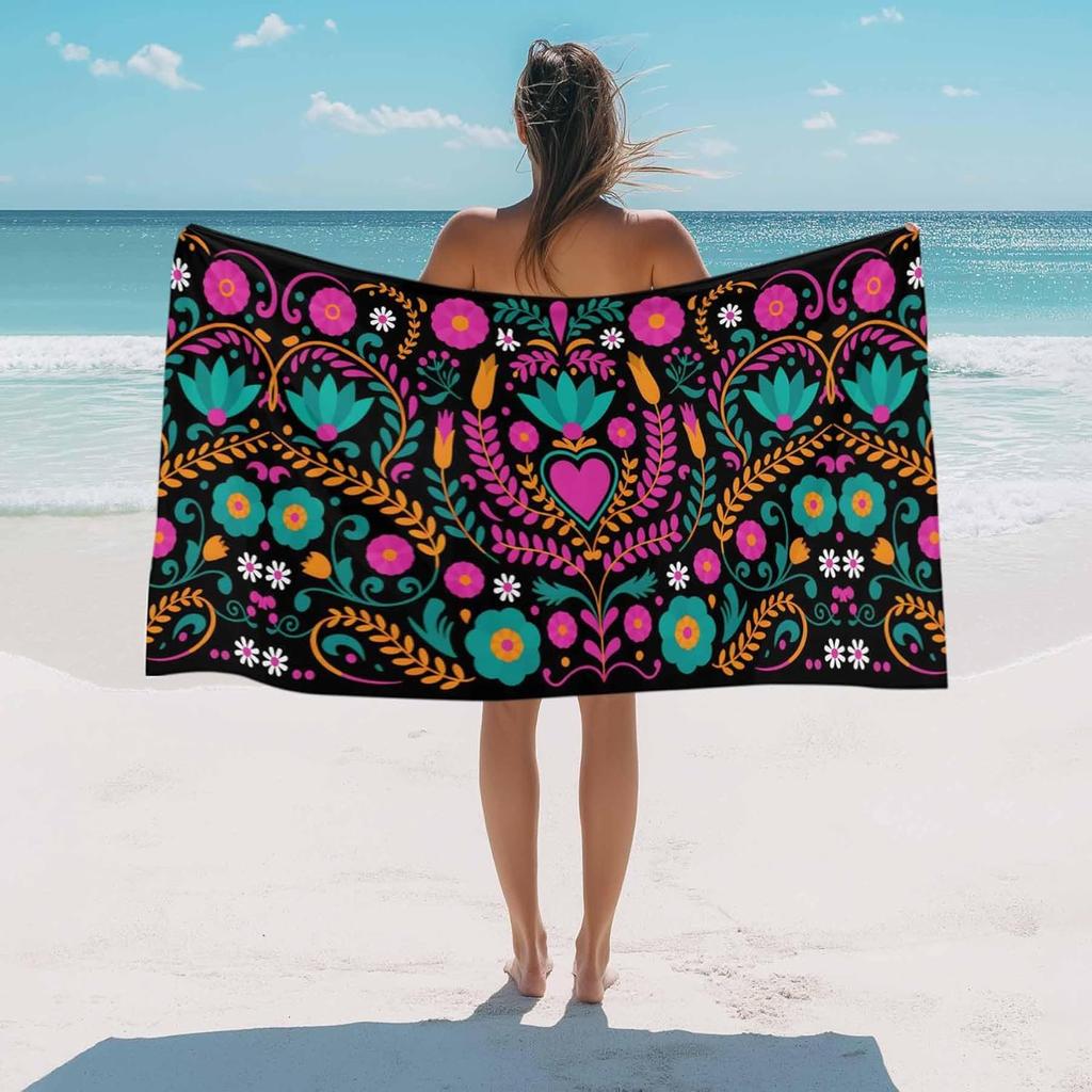 Beach Towel Colorful Mexico Bath Pool Towels Abstract Floral Leaves Absorbent Beach Towel Soft Large Quick Lightweight Camping