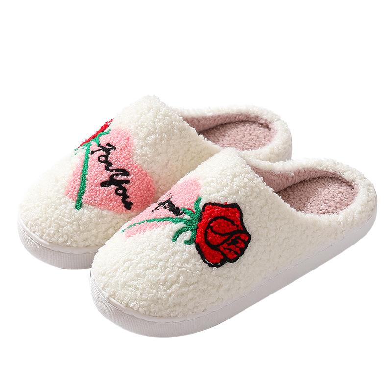 2024 Новые пушистые тапочки для мужчин и женщин с рисунком роз, зимние теплые хлопковые тапочки с обхватом пальцев, для пар, для дома, на плоской подошве, нескользящая обувь для дома