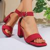 Модные красные босоножки на высоком каблуке для женщин, летние босоножки на толстом каблуке с квадратным носком, женские туфли для вечеринок с пряжкой в форме сердца и ремешком на щиколотке
