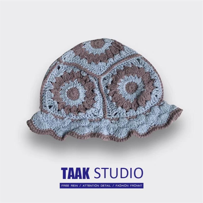 Hyunya wind полая вязаная шерстяная шапка-ведро женская универсальная милая девочка большая голова тонкая шапка-ведро прилив