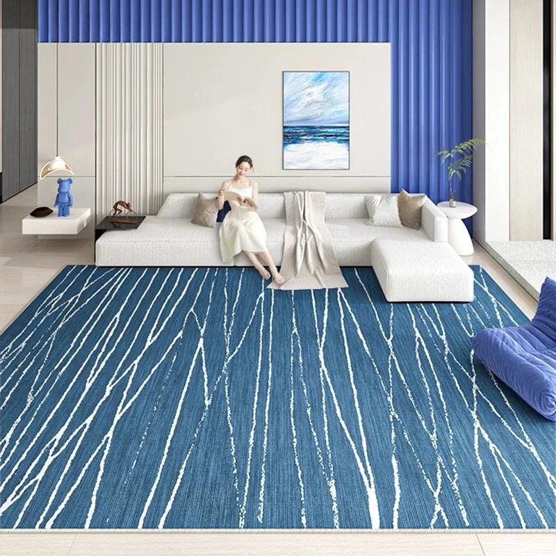 Abstract Line Area Rug White Base Blue Wavy Lines Non Slip Large Floor Carpet for Living Room Bedroom Decor