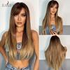 Long Straight Brown Ombre Synthetic Wigs for Women Soft Hair Straight Wigs with Bangs Cosplay Wigs Heat Resistant