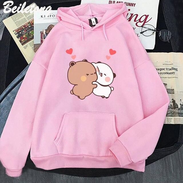 Кавайная толстовка с капюшоном, медведем, пандой, мультяшным принтом Бубу Дуду, свитшот большого размера для девочек, весна/осень, голубые топы с карманами и длинными рукавами