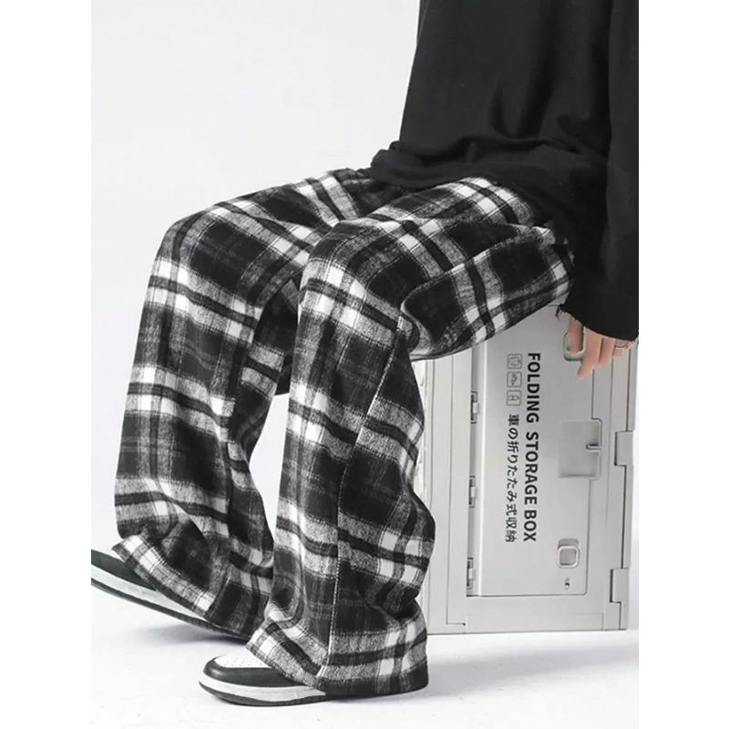 Contrasting Color Personalized Plaid Straight-leg Pants Loose and Drape Wide-leg Casual Trousers 1