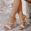 Fashion Silver Rhinestone Slippers Womens Summer Square Toe Fretwork Heels Sandals Female Shoes Mules Slides Sandalias De Mujer