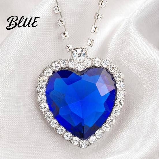 Blue Gemstone Pendant Heart Necklace Faux Diamond Sparkly Romantic Light-reflecting