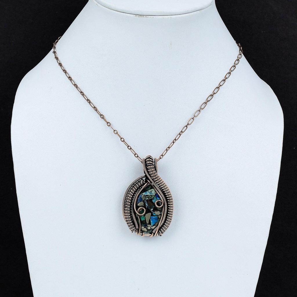 Медный азурит-малахитовый кулон Медная проволока, обернутая кулоном, медные украшения ручной работы, кулон с драгоценным камнем, дизайн проволоки, ювелирный кулон для подарка